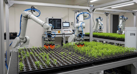 Industrial robotic arms tend to seedlings in a controlled environment with computer monitoring and...