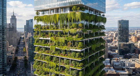 Aerial view of a modern skyscraper with extensive green walls and balconies in a bustling metropolis