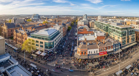 Aerial perspective of a vibrant city street lined with modern and historic buildings, busy roads,...