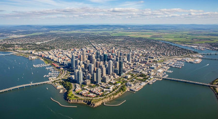 Panoramic aerial view of a city with tall buildings, waterfront, and bridge under a blue sky