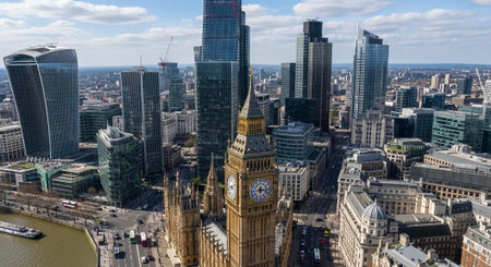 Panoramic view of London's cityscape featuring Big Ben, modern skyscrapers, and a river under a...