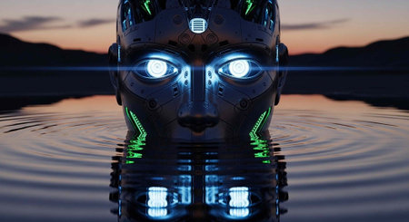 A robotic face with glowing blue eyes rises from calm water at dusk, surrounded by serene landscape.