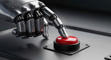 A metallic robotic hand presses a shiny red button on a gray metal surface with a black base plate.