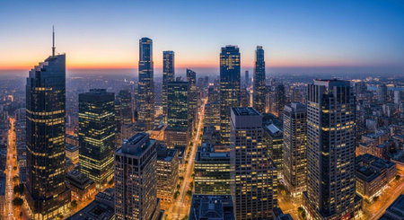 A bustling metropolis with sleek skyscrapers and illuminated streets at twilight, showcasing urban...