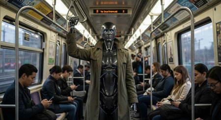 A robot in a trench coat stands in a packed subway car surrounded by seated passengers