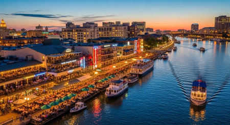 Aerial view of a bustling riverfront with boats, buildings, and people at dusk, showcasing a lively...
