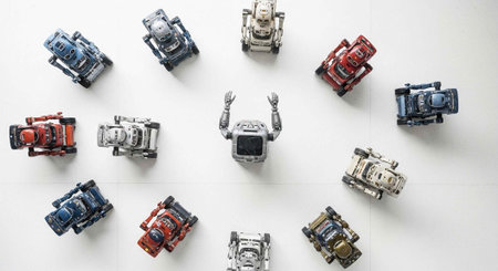 Collection of small toy robots and cars in various colors on a plain white surface, showcasing...