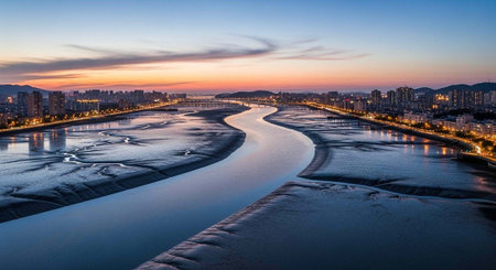 A tranquil river flows through a city, surrounded by buildings and a vibrant dusk sky.