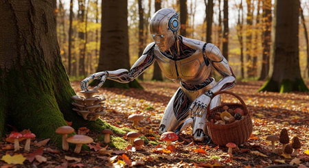 A silver robot collects mushrooms in a forest with a basket, surrounded by trees and fallen leaves.