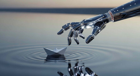 A metallic robotic hand hovers above a small paper boat floating on rippling water at dusk.の写真素材