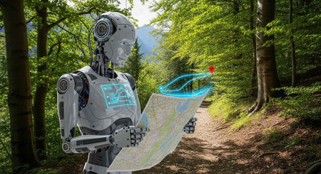 A robot stands on a forest path, holding a map with a blue navigation route and red marker pin.