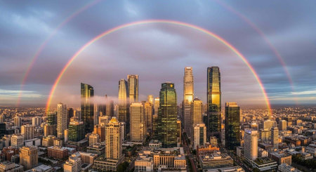Aerial view of a cityscape with a stunning double rainbow spanning across the sky at duskの写真素材