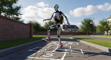 A silver robot plays hopscotch on a cracked asphalt street with white markings and red shoes.