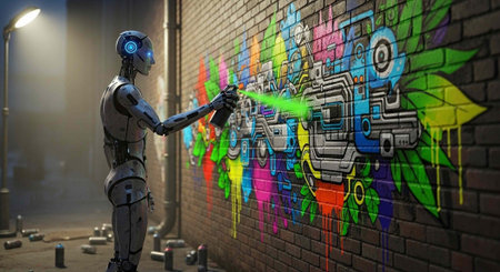 A futuristic robot sprays colorful graffiti on a brick wall in a dimly lit urban alleyway at night.の写真素材