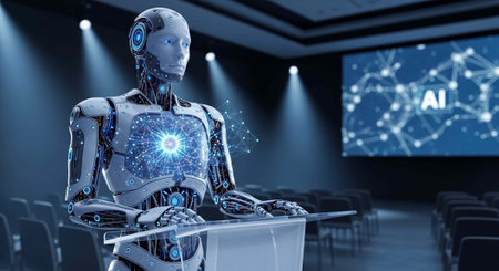 Futuristic robot stands at podium in empty conference room with AI display on screen
