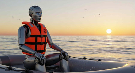 A robot sits in a gray inflatable boat wearing an orange life vest at sunset over calm water.