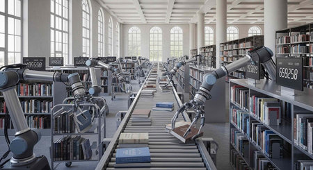 A modern library with robotic arms sorting books on a conveyor belt amidst rows of bookshelves and...