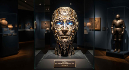 A futuristic robotic head with blue eyes and metallic finish is displayed in a museum setting with...