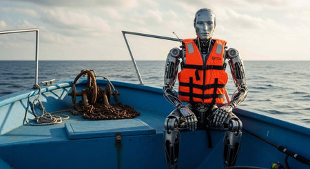 A silver robot sits on a blue boat wearing an orange life vest, surrounded by calm ocean and cloudy...