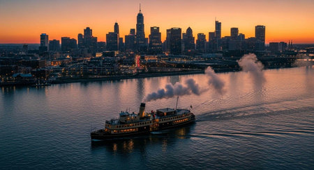 A ferry boat sails across calm waters with a city skyline in the background at sunset.