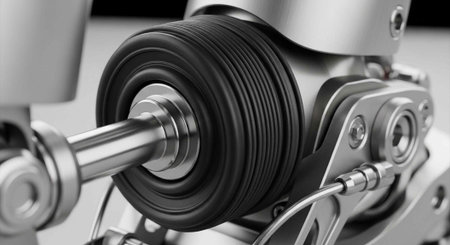 Detailed view of a machine's pulley system with metal parts and black rubber belt