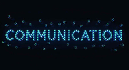 A blue communication sign with dotted letters and small symbols scattered around on a black...