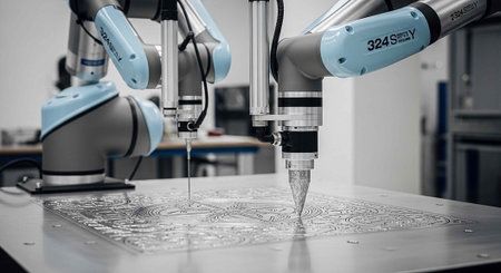 Two robotic arms with blue accents work on a metal plate, engraving with precision tools in an...