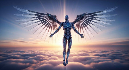 A metallic humanoid figure with large crystal wings flies above fluffy clouds during a vibrant...