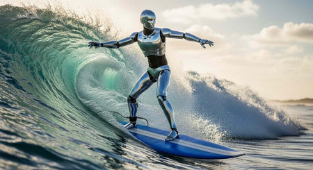 A shiny metallic robot rides a large ocean wave on a blue surfboard with outstretched arms and...