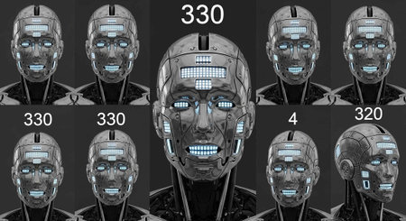 A collage of robotic heads with glowing blue eyes and metallic skin in different views and labeled...