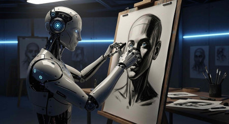 A robot with glowing blue eyes paints a detailed portrait of a man on a large canvas in a dark room.