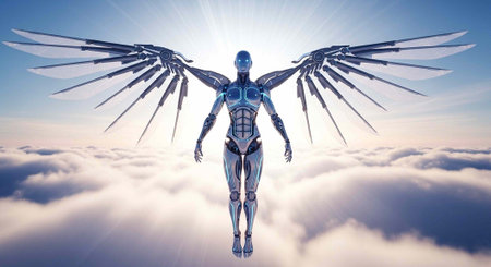 A robotic figure with large metallic wings flies above fluffy white clouds under a radiant blue skyの写真素材