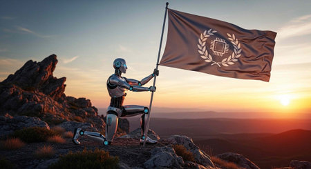 A robot kneels on a rocky mountain peak, holding a flag with a laurel wreath emblem at sunset.