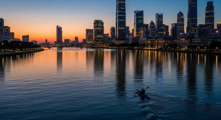 Peaceful city skyline at sunset with a lone rower on a reflective lake