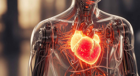 A transparent human torso with a glowing red heart and visible internal wiring and machinery.