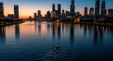 A serene cityscape at sunset with a river, boat, and skyscrapers reflecting lights on the water.