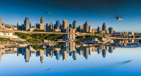 Aerial view of a city skyline with skyscrapers reflected in calm water, surrounded by greenery and...