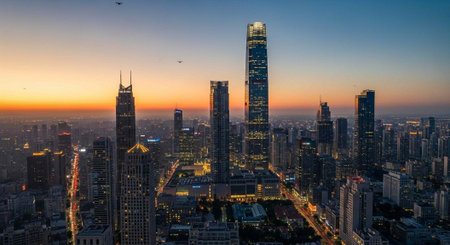 A bustling metropolis with sleek skyscrapers and illuminated streets at sunset, showcasing urban...