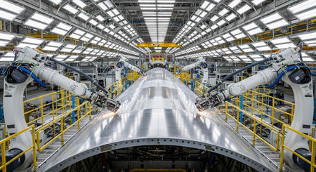 Large metal structure being assembled by multiple robotic arms in a spacious industrial factory...