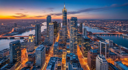 Cityscape with tall buildings, river, and bridge during sunset with vibrant sky and lights