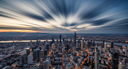 A bustling metropolis with high-rise buildings, illuminated streets, and a dramatic cloudy sky at sunset.の写真素材