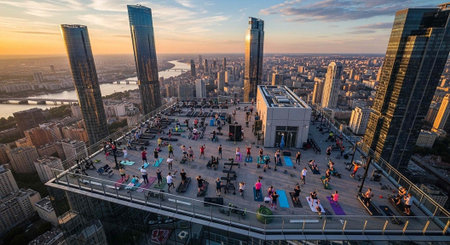 Aerial view of people practicing yoga on a rooftop with cityscape and river in the background at...