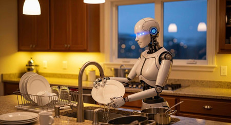 A humanoid robot stands at a kitchen sink, washing dishes with warm lighting and a futuristic...