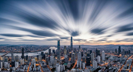 Aerial view of a bustling metropolis with sleek skyscrapers, river, and vibrant city lights under a...