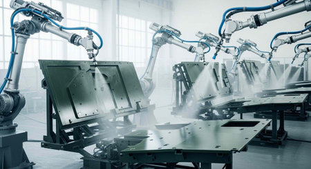 Robotic arms with blue tubes spray water on metal parts in a well-lit industrial factory with large...