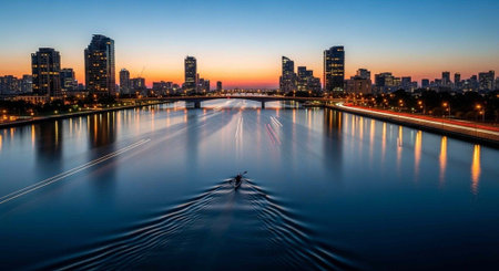 A serene cityscape at dusk with a river, a lone boat, and skyscrapers reflecting lights in the water.の写真素材