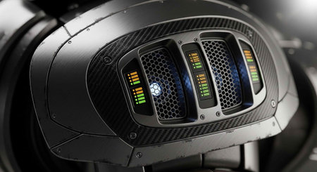 Detailed view of modern audio device with LED indicators, mesh grills, and carbon fiber texture