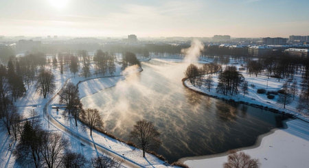Serene winter scene with snow-covered river, fog rising from water, and bare trees in a peaceful...