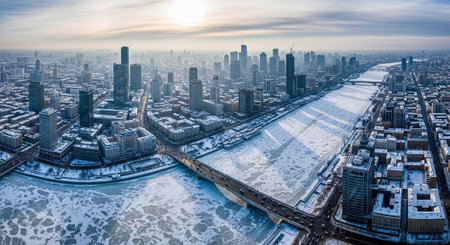 Snow-covered city with frozen river, skyscrapers, and buildings under a cloudy sky at sunrise or...
