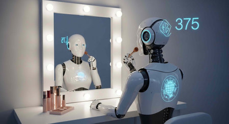 A futuristic robot stands at a vanity, applying makeup while gazing at its reflection in a brightly...